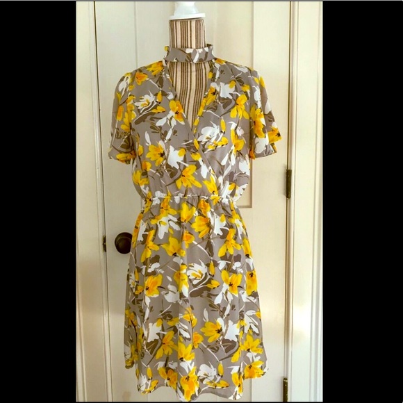 Floral Choker Collar Surplice V Elastic Waist Day Dress Peach Love S Grey Yellow - Picture 3 of 16
